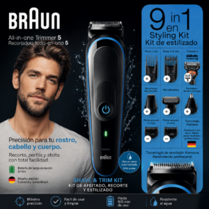 Recortadora de barba Braun negra y azul con nueve accesorios para rostro, cabello y cuerpo, diseño ergonómico y resistente al agua.